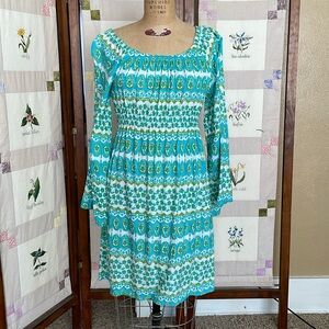Angela Moore, green, contrasting geometric design, off shoulder, bell sleeves